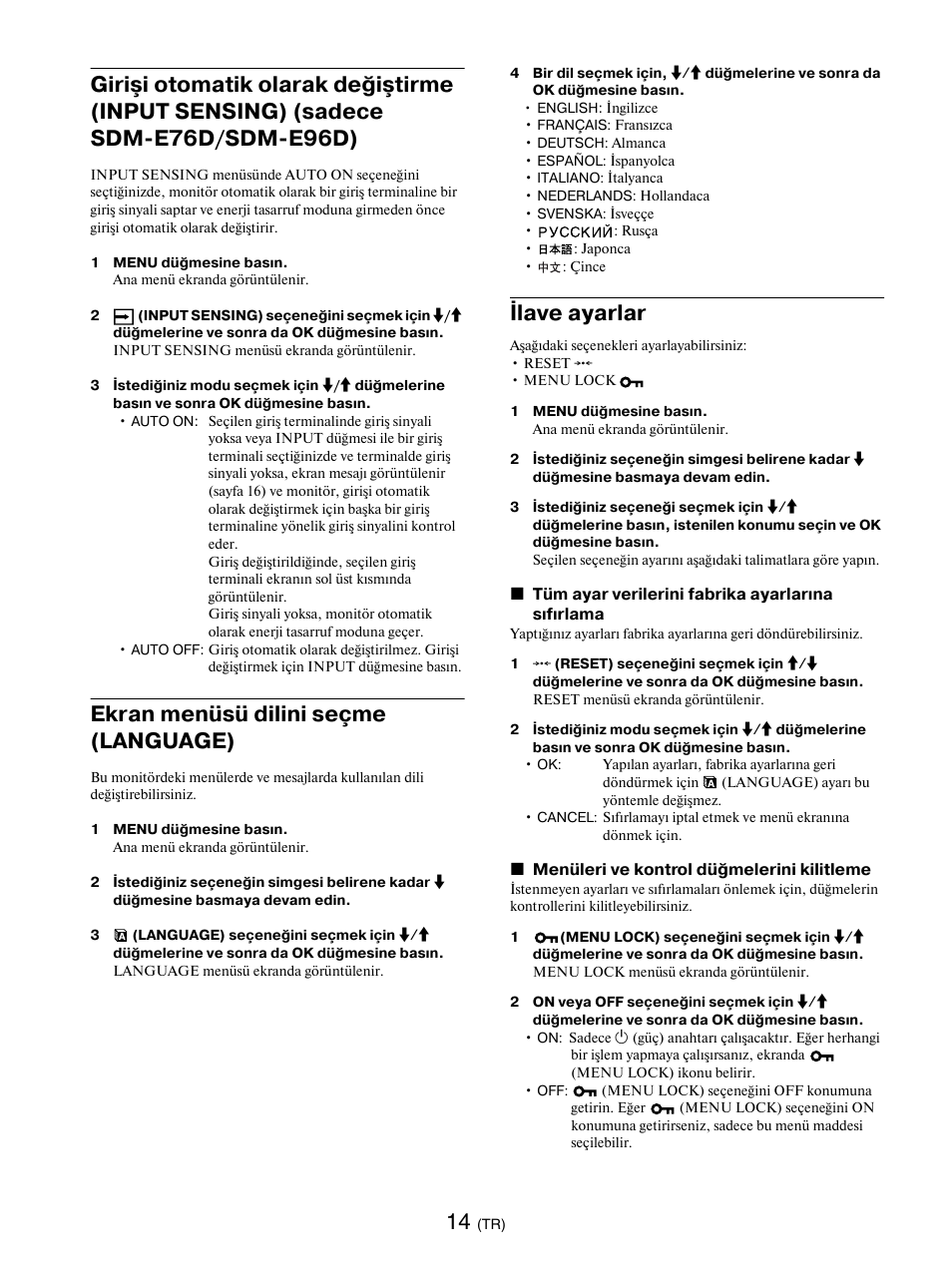 Ekran menüsü dilini seçme (language), Ilave ayarlar, Sayfa 14) (sadece | Sony SDM-E76D User Manual | Page 342 / 349