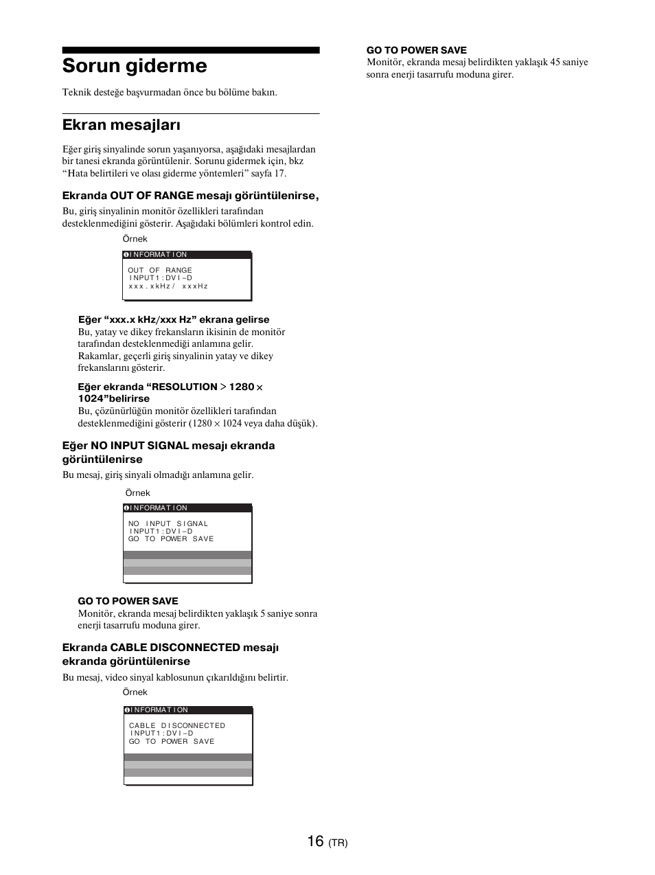 Sorun giderme, Ekran mesajları | Sony SDM-E76D User Manual | Page 344 / 349