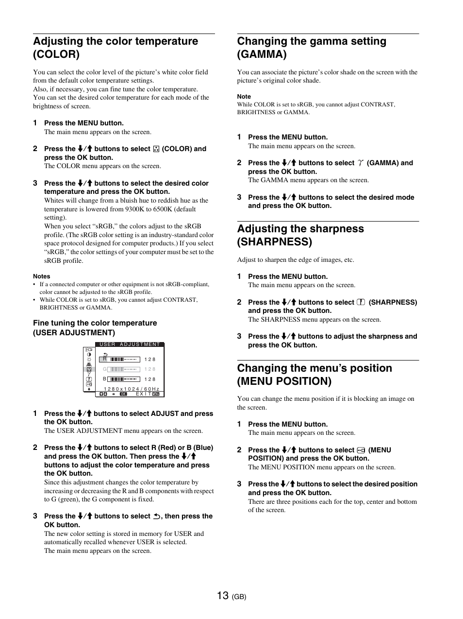 Adjusting the color temperature (color), Changing the gamma setting (gamma), Adjusting the sharpness (sharpness) | Changing the menu’s position (menu position) | Sony SDM-E76D User Manual | Page 37 / 349