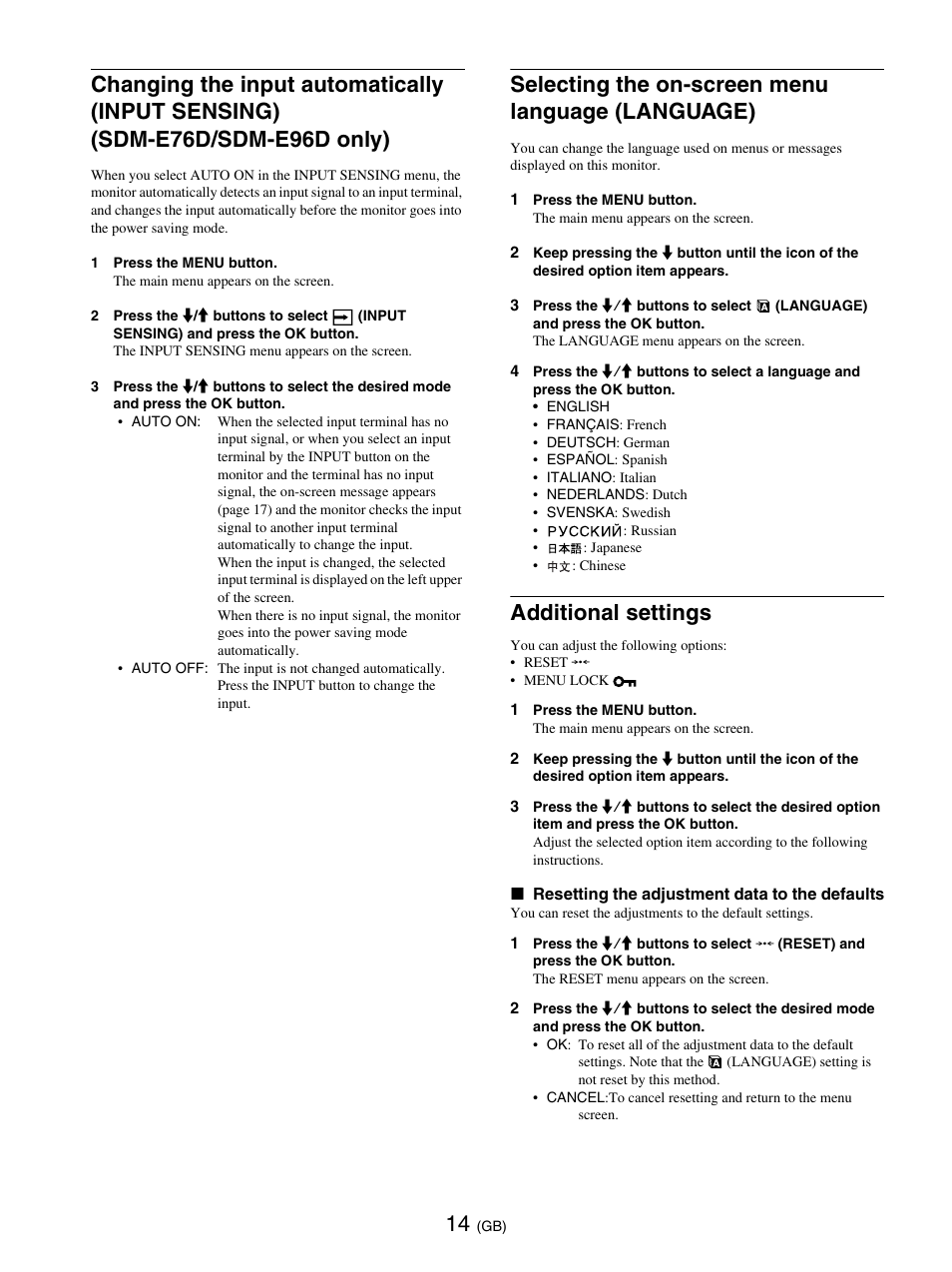 Selecting the on-screen menu language (language), Additional settings | Sony SDM-E76D User Manual | Page 38 / 349