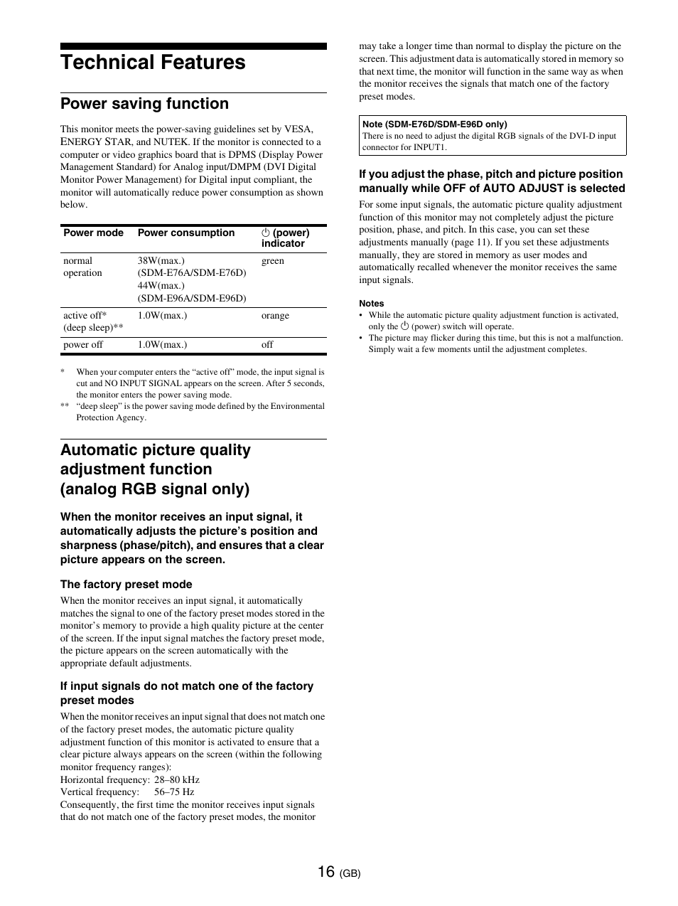 Technical features, Power saving function | Sony SDM-E76D User Manual | Page 40 / 349