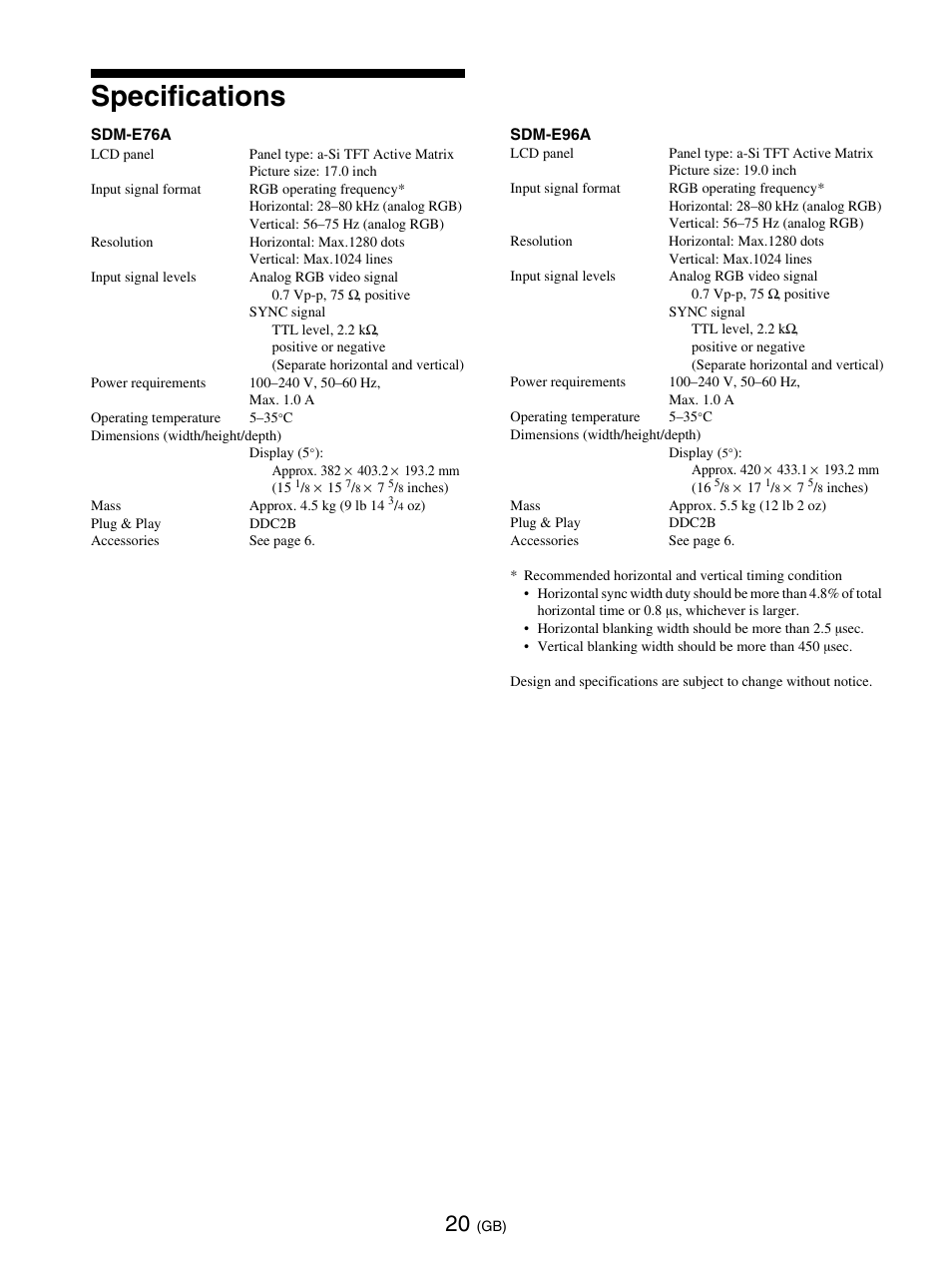 Specifications | Sony SDM-E76D User Manual | Page 44 / 349