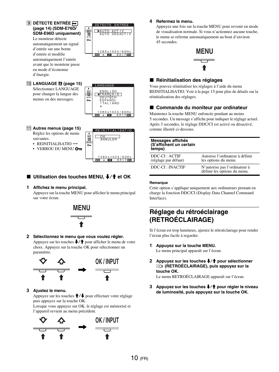 Réglage du rétroéclairage (retroéclairage), Menu ok / input, Ok / input | Menu | Sony SDM-E76D User Manual | Page 56 / 349
