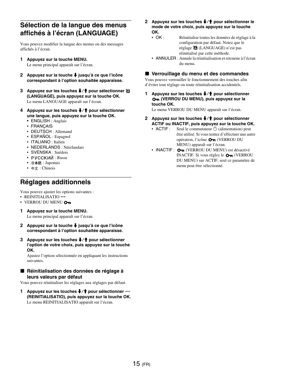 Réglages additionnels, Language | Sony SDM-E76D User Manual | Page 61 / 349