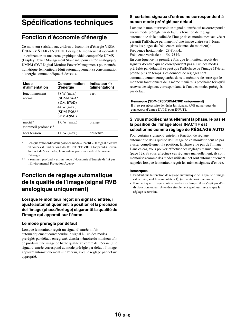 Spécifications techniques, Fonction d’économie d’énergie | Sony SDM-E76D User Manual | Page 62 / 349