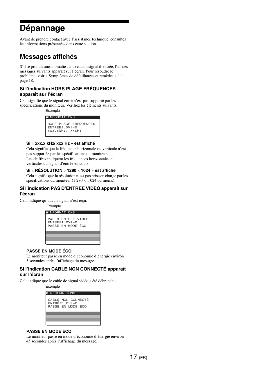 Dépannage, Messages affichés | Sony SDM-E76D User Manual | Page 63 / 349