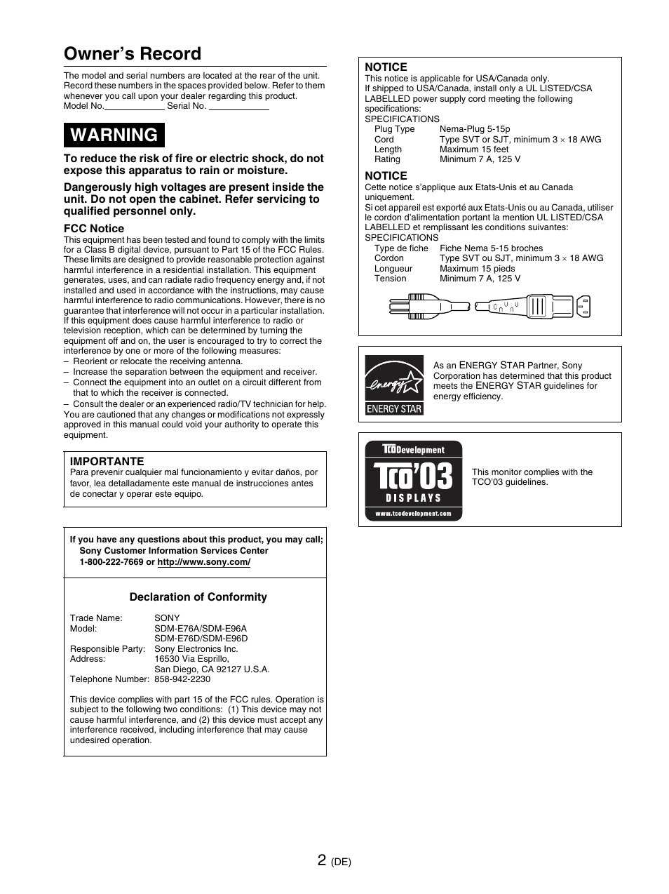 Owner’s record, Warning | Sony SDM-E76D User Manual | Page 70 / 349