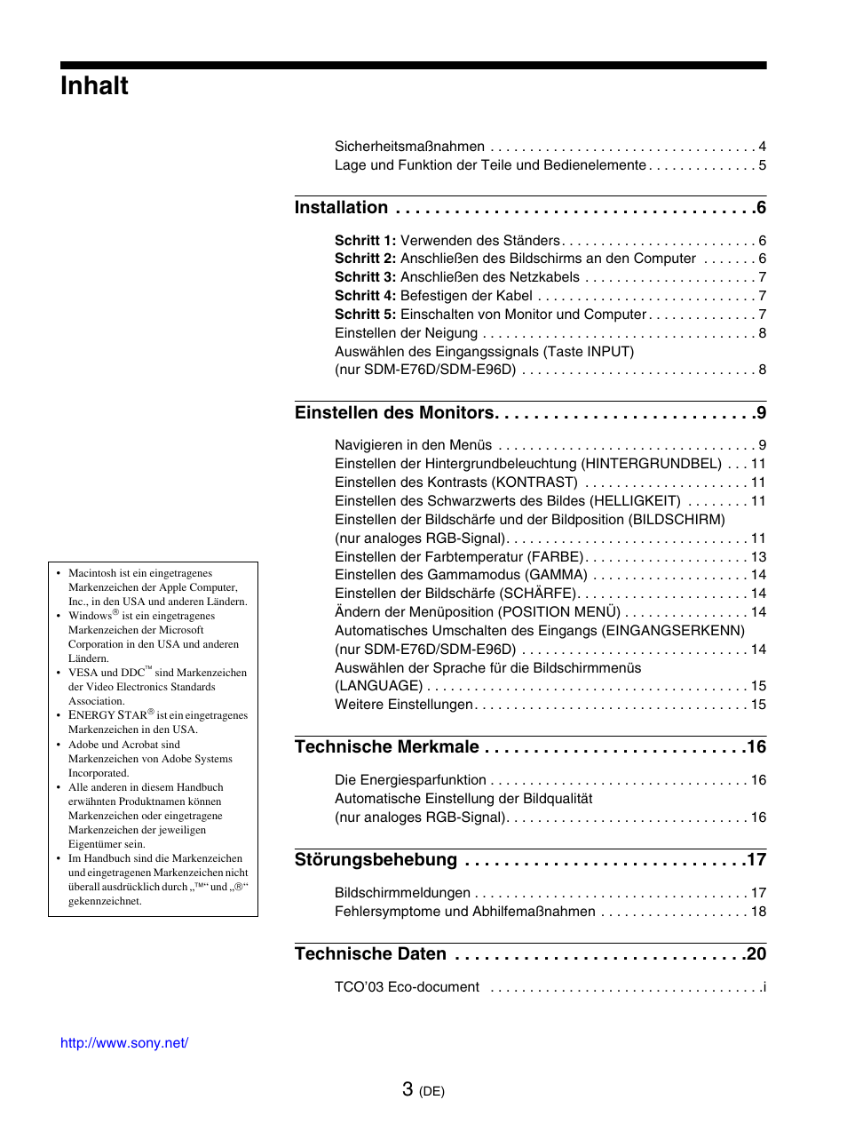 Inhalt, Installation, Einstellen des monitors | Technische merkmale, Störungsbehebung, Technische daten | Sony SDM-E76D User Manual | Page 71 / 349