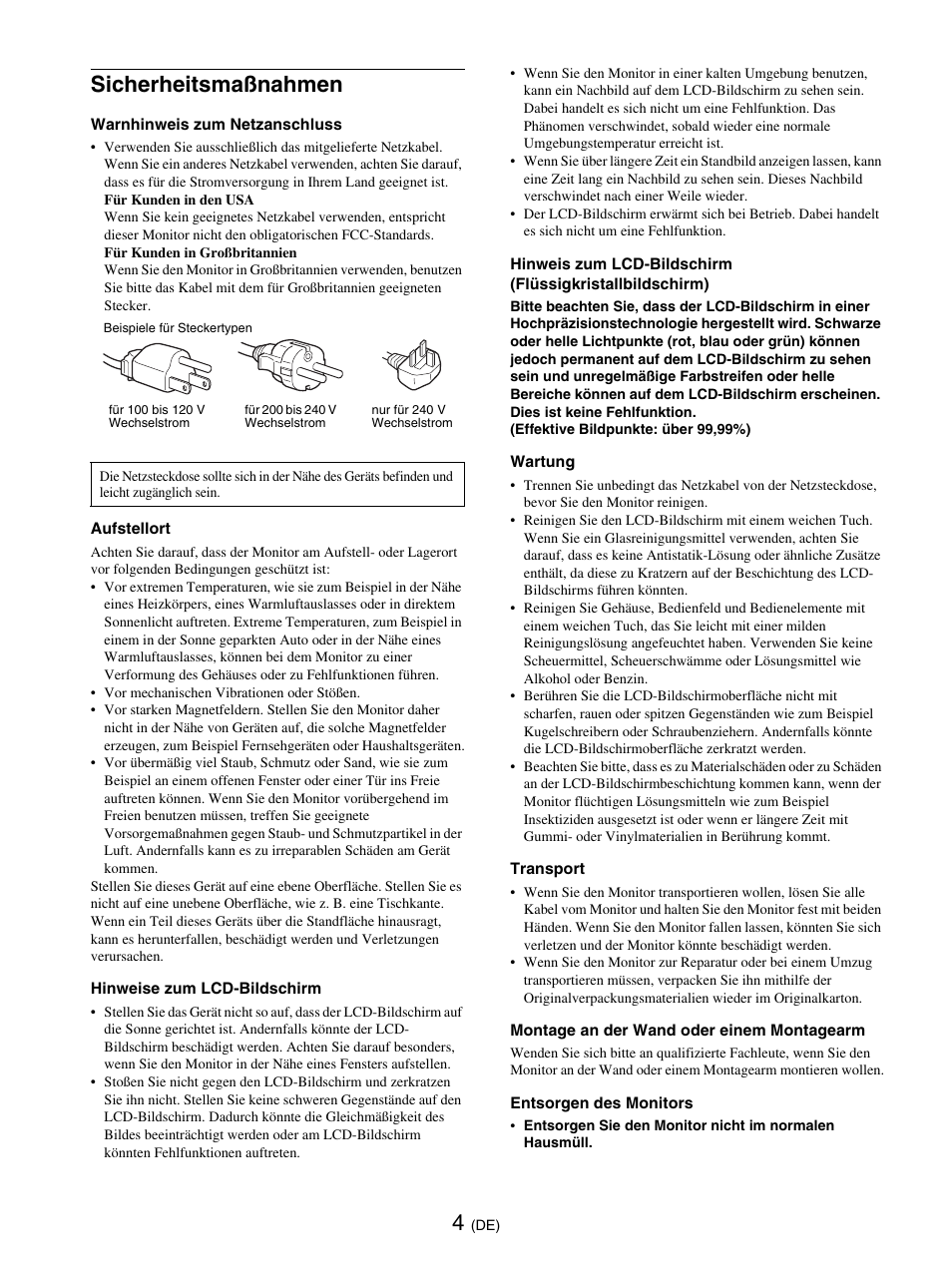 Sicherheitsmaßnahmen | Sony SDM-E76D User Manual | Page 72 / 349