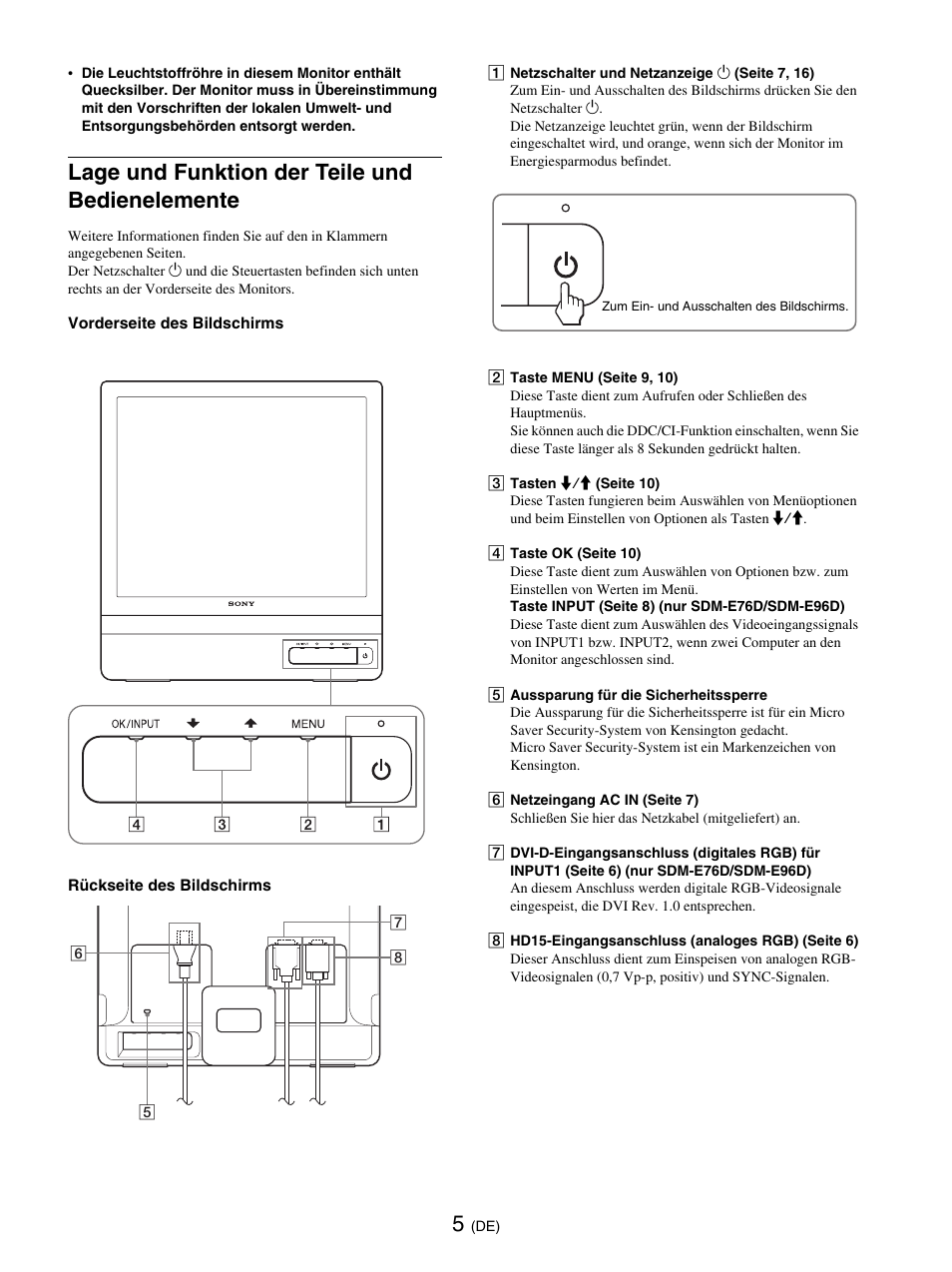 Lage und funktion der teile und bedienelemente | Sony SDM-E76D User Manual | Page 73 / 349