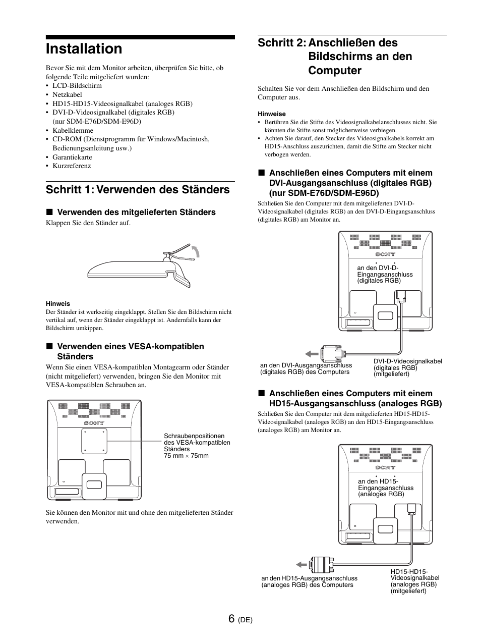 Installation, Schritt 1: verwenden des ständers, Input1 (seite 6) | Seite 6) | Sony SDM-E76D User Manual | Page 74 / 349