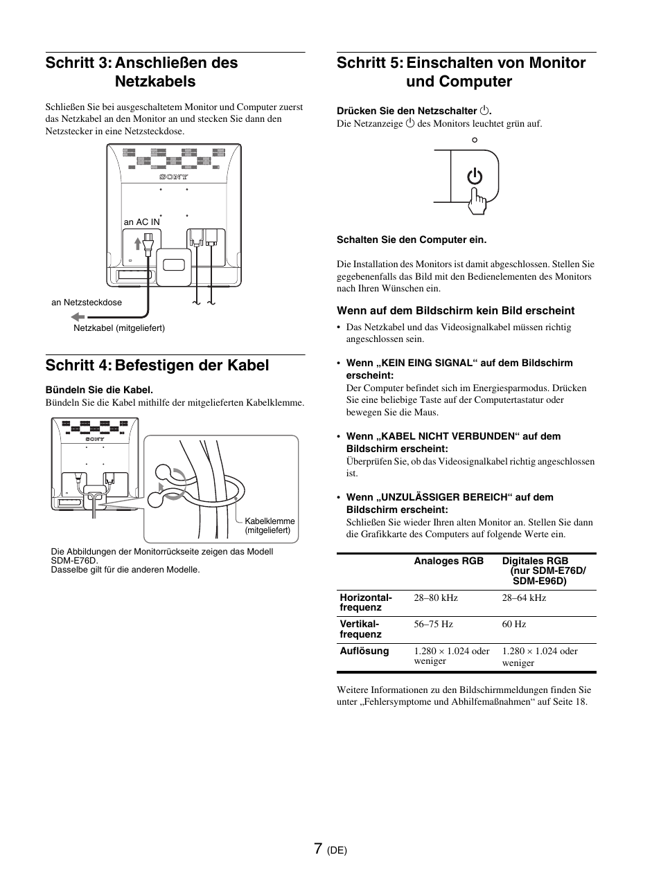 Schritt 3: anschließen des netzkabels, Schritt 4: befestigen der kabel, Schritt 5: einschalten von monitor und computer | Seite 7, Seite 7) | Sony SDM-E76D User Manual | Page 75 / 349