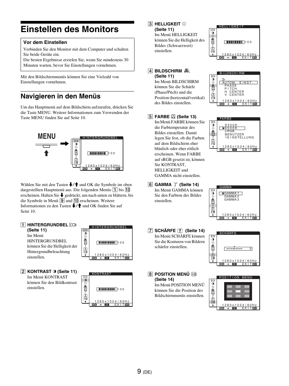 Einstellen des monitors, Navigieren in den menüs, Seite 9 | Menu | Sony SDM-E76D User Manual | Page 77 / 349