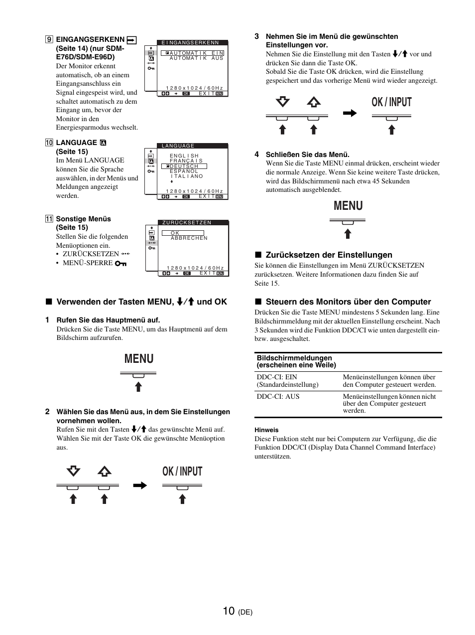 Seite 10), Sie auf seite 10, Seite 10 | Menu ok / input, Ok / input menu | Sony SDM-E76D User Manual | Page 78 / 349