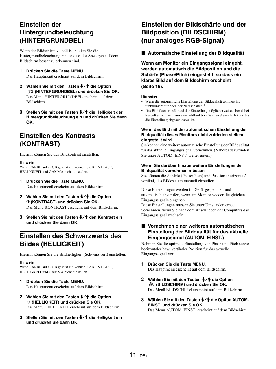Einstellen des kontrasts (kontrast), Seite 11) | Sony SDM-E76D User Manual | Page 79 / 349