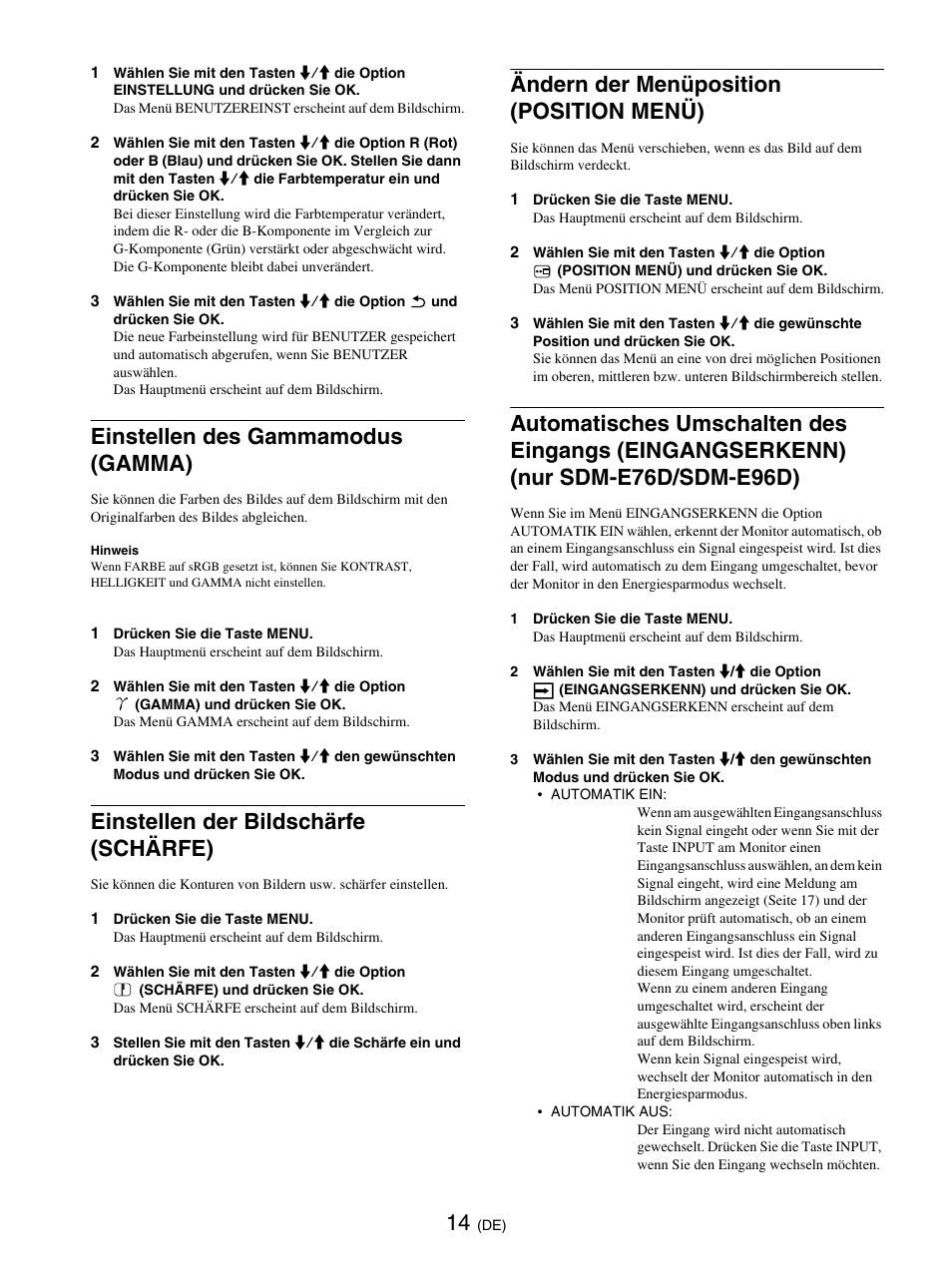 Einstellen des gammamodus (gamma), Einstellen der bildschärfe (schärfe), Ändern der menüposition (position menü) | Gamma, Seite 14), Härfe, Seite 14) (nur | Sony SDM-E76D User Manual | Page 82 / 349