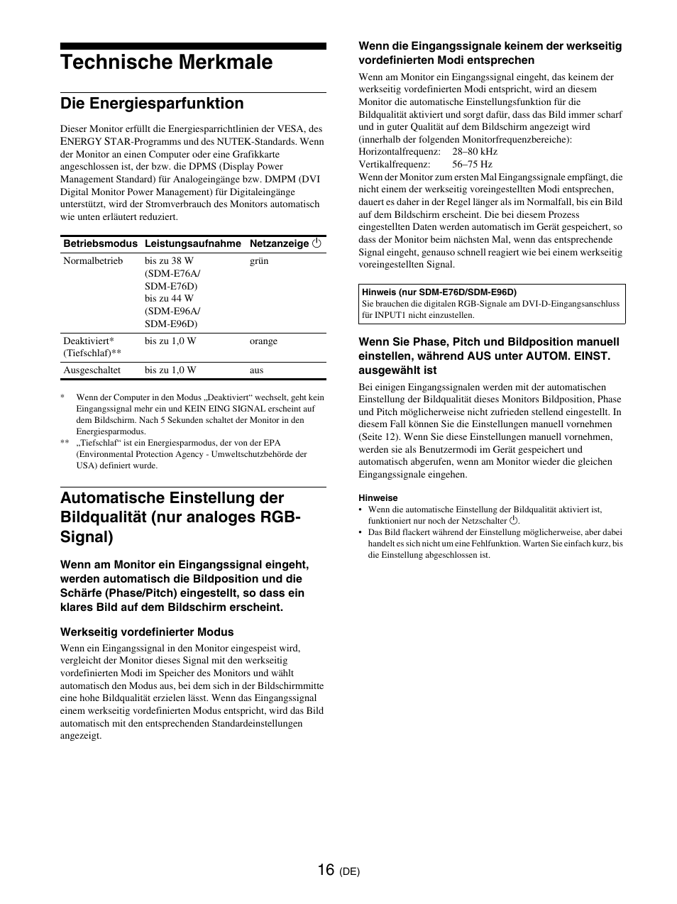 Technische merkmale, Die energiesparfunktion | Sony SDM-E76D User Manual | Page 84 / 349