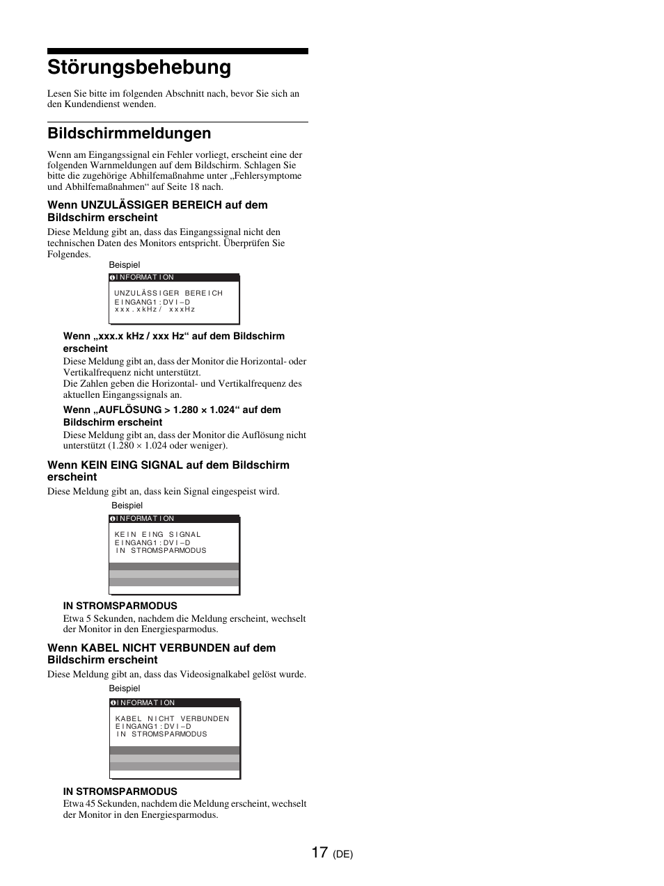 Störungsbehebung, Bildschirmmeldungen | Sony SDM-E76D User Manual | Page 85 / 349