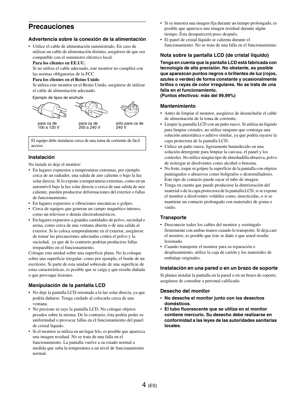 Precauciones | Sony SDM-E76D User Manual | Page 94 / 349