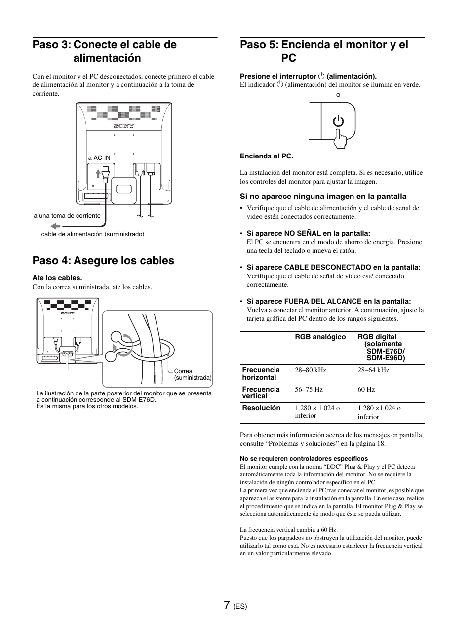 Paso 3: conecte el cable de alimentación, Paso 4: asegure los cables, Paso 5: encienda el monitor y el pc | Sony SDM-E76D User Manual | Page 97 / 349