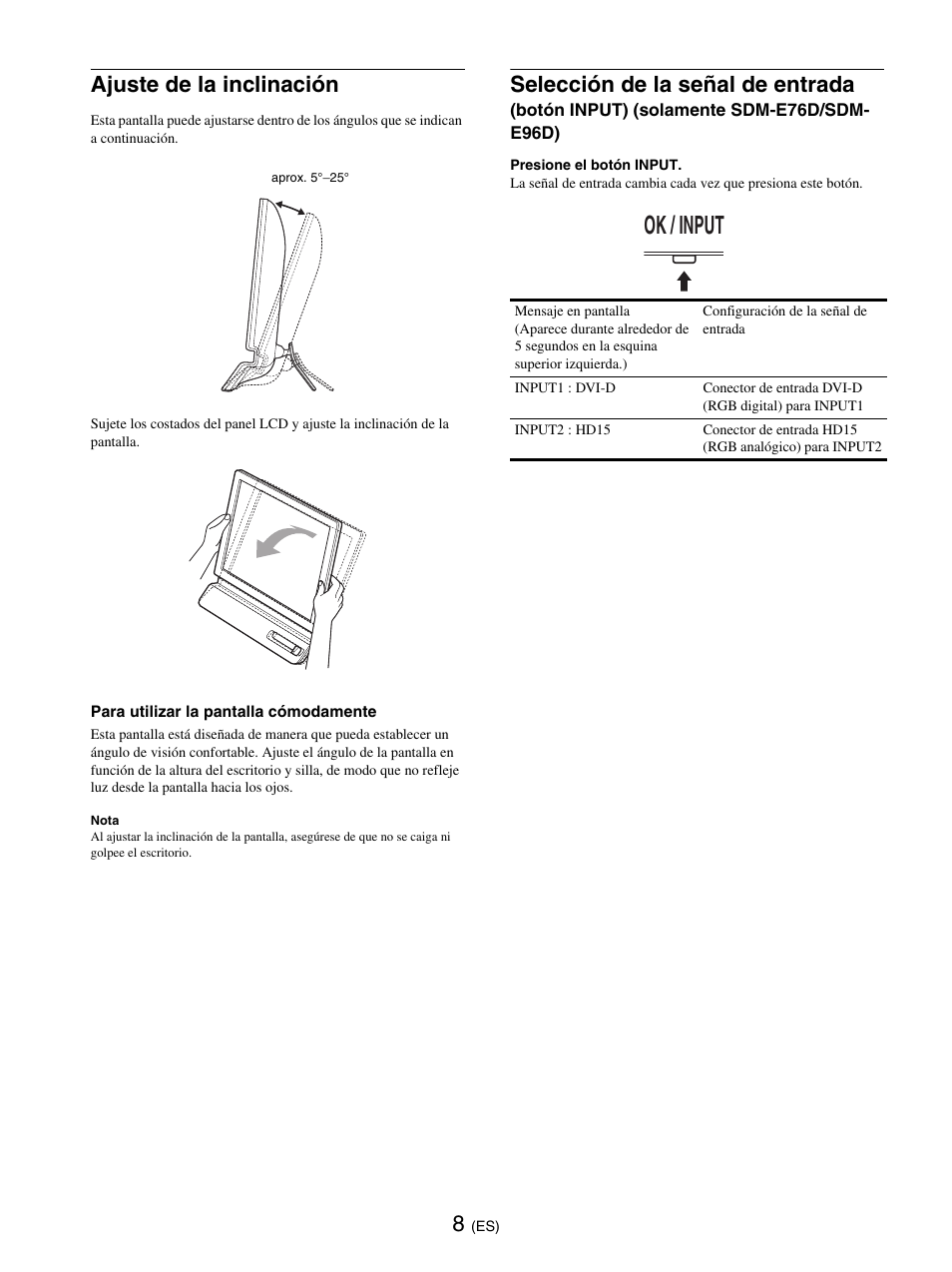 Ajuste de la inclinación, Ok / input, Selección de la señal de entrada | Sony SDM-E76D User Manual | Page 98 / 349