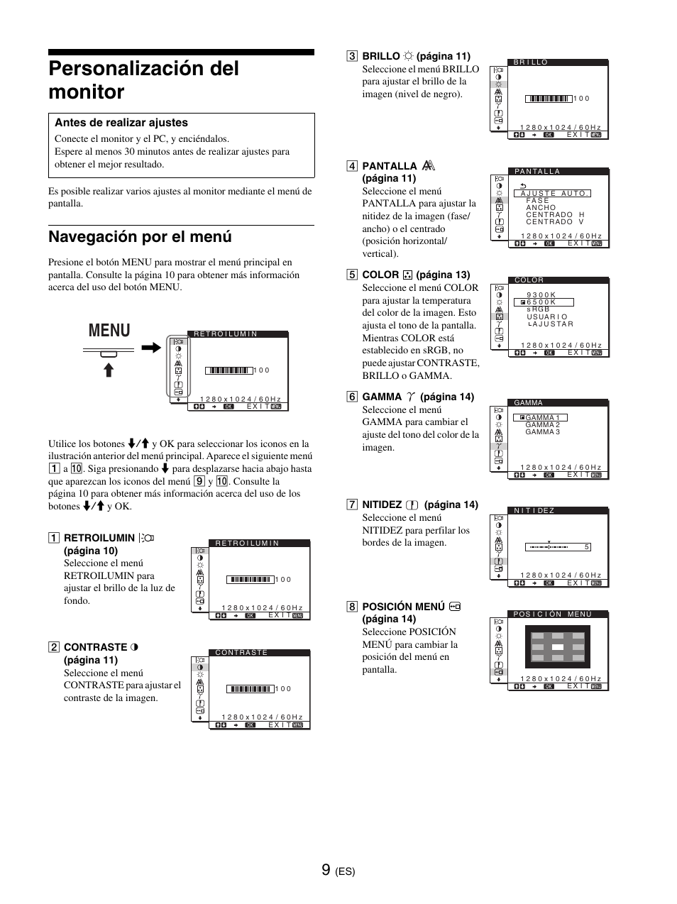 Personalización del monitor, Navegación por el menú, Menu | Sony SDM-E76D User Manual | Page 99 / 349