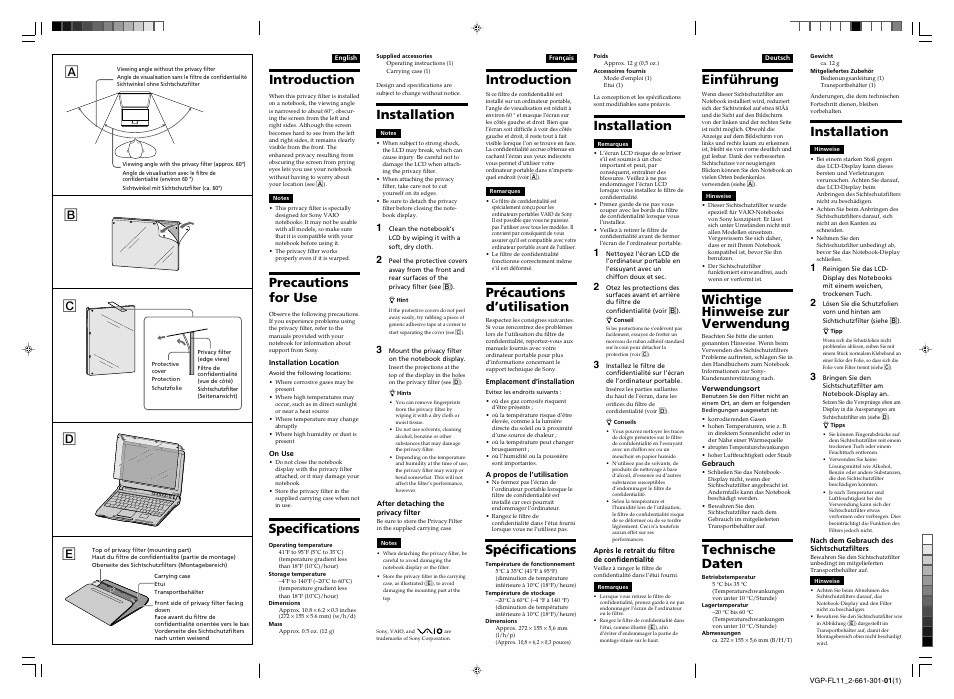 Introduction, Precautions for use, Specifications | Installation, Précautions d’utilisation, Spécifications, Einführung, Wichtige hinweise zur verwendung, Technische daten, Ab c d | Sony VGP-FL11 User Manual | Page 2 / 2