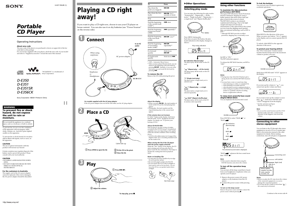 Sony D-E356CK User Manual | 2 pages