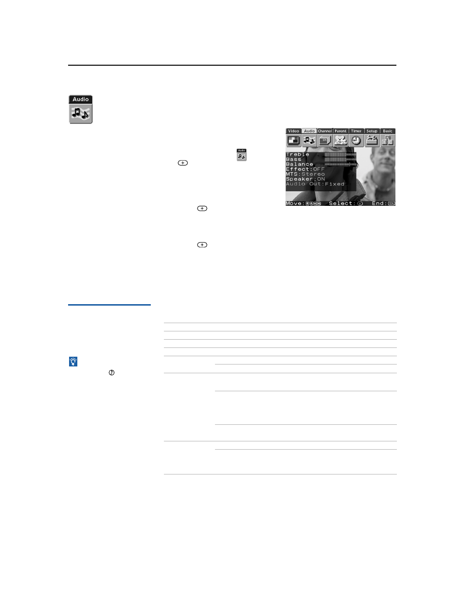 Using the audio menu, Selecting audio options, 38 using the audio menu | Sony KV-36FS17 User Manual | Page 46 / 70