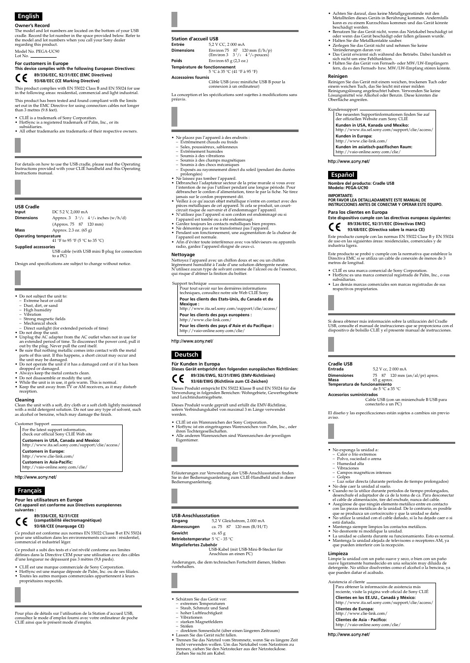 Before use, Specifications, Remarques concernant l’utilisation | Avant l’utilisation, Antes de su utilización, Especificaciones, Notas sobre el uso, Vorbereitungen, Technische daten, Hinweise zur verwendung | Sony PEGA-UC90 User Manual | Page 2 / 2