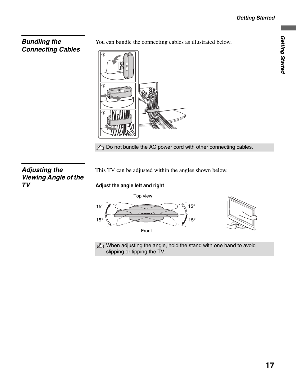 Bundling the connecting cables, Adjusting the viewing angle of the tv | Sony KDL-32S2400 User Manual | Page 17 / 48