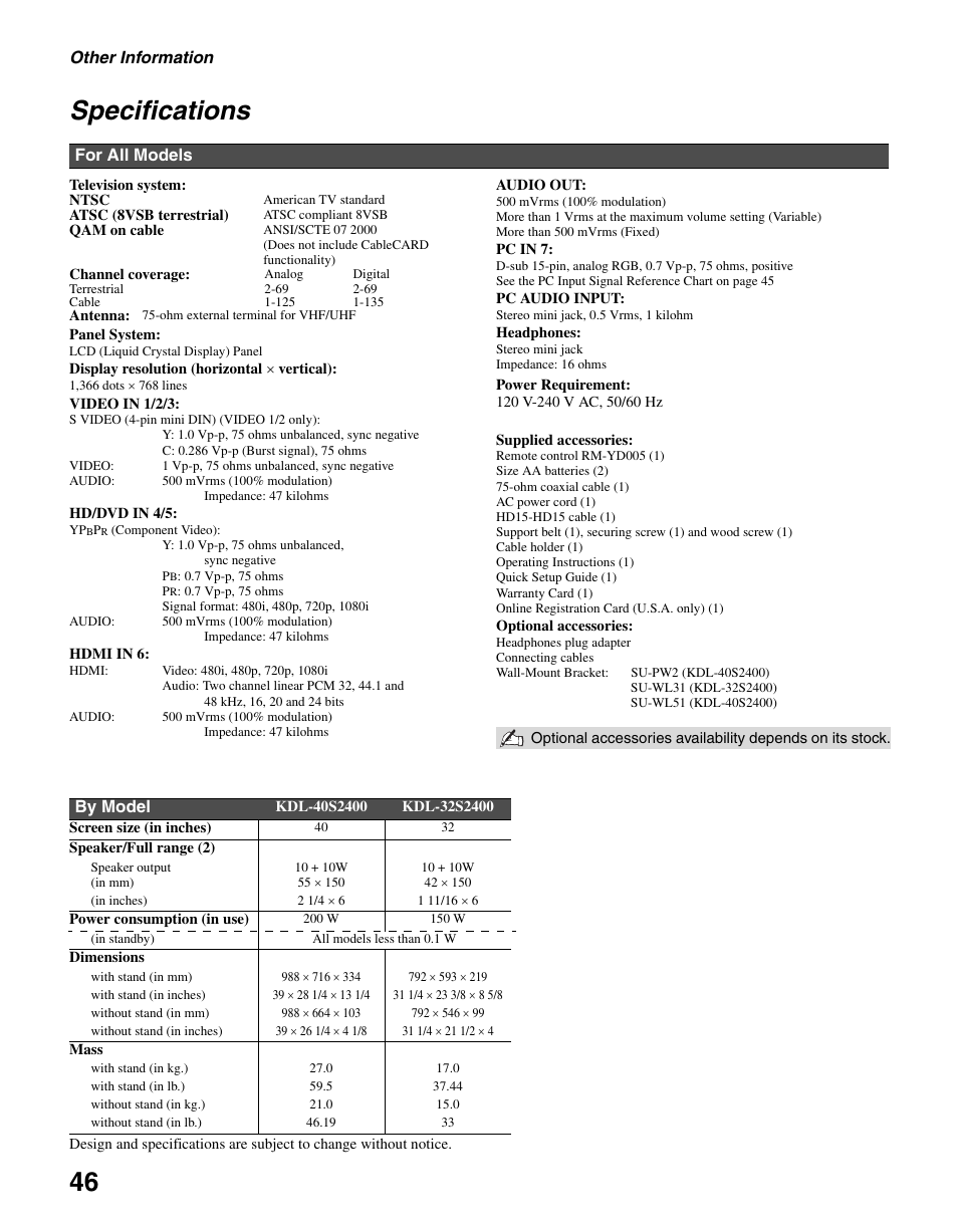 Specifications | Sony KDL-32S2400 User Manual | Page 46 / 48