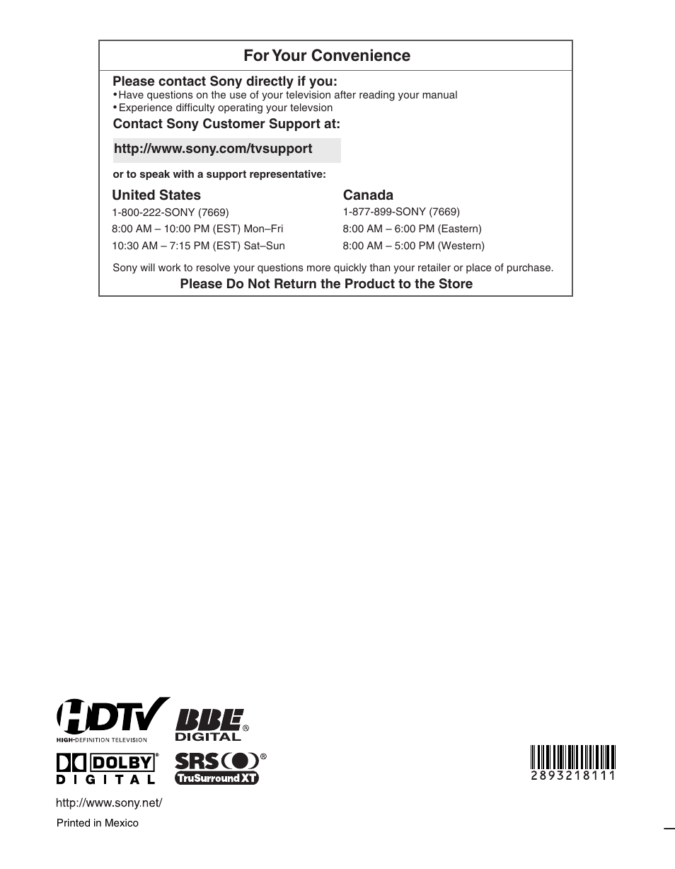 For your convenience, United states, Canada | Sony KDL-32S2400 User Manual | Page 48 / 48