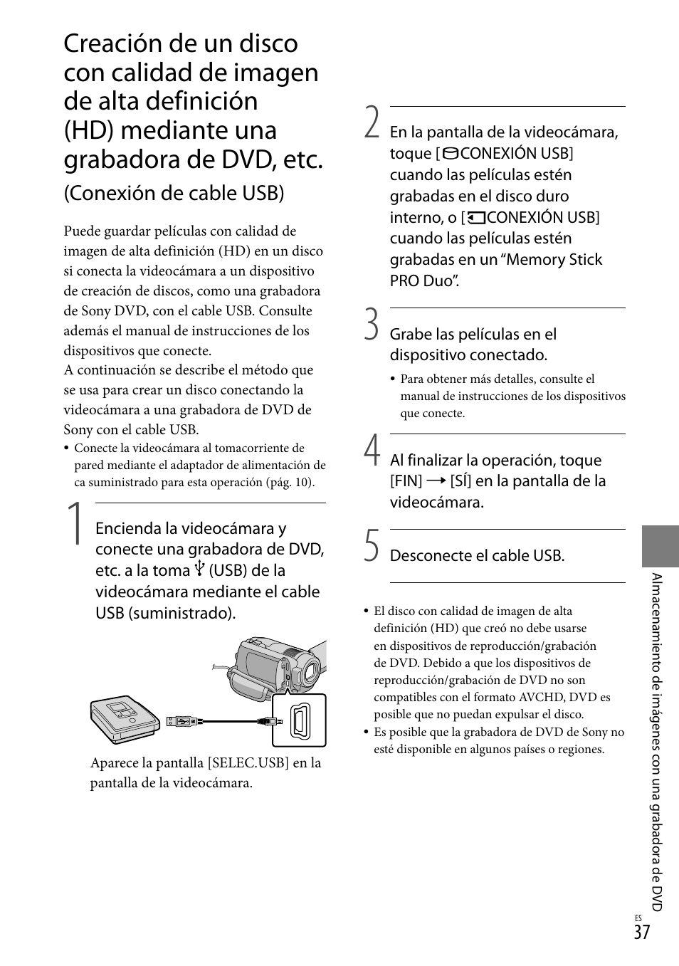 Grabadora de dvd, etc. (conexión de cable usb), Conexión de cable usb) | Sony HDR-XR100 User Manual | Page 101 / 130