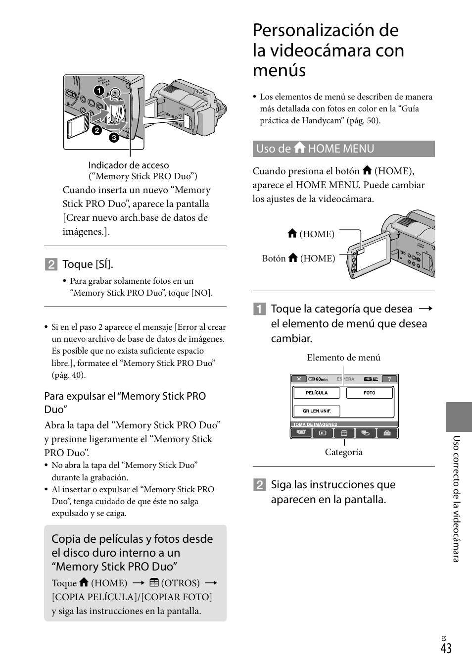 Personalización de la videocámara con menús, Uso de home menu | Sony HDR-XR100 User Manual | Page 107 / 130