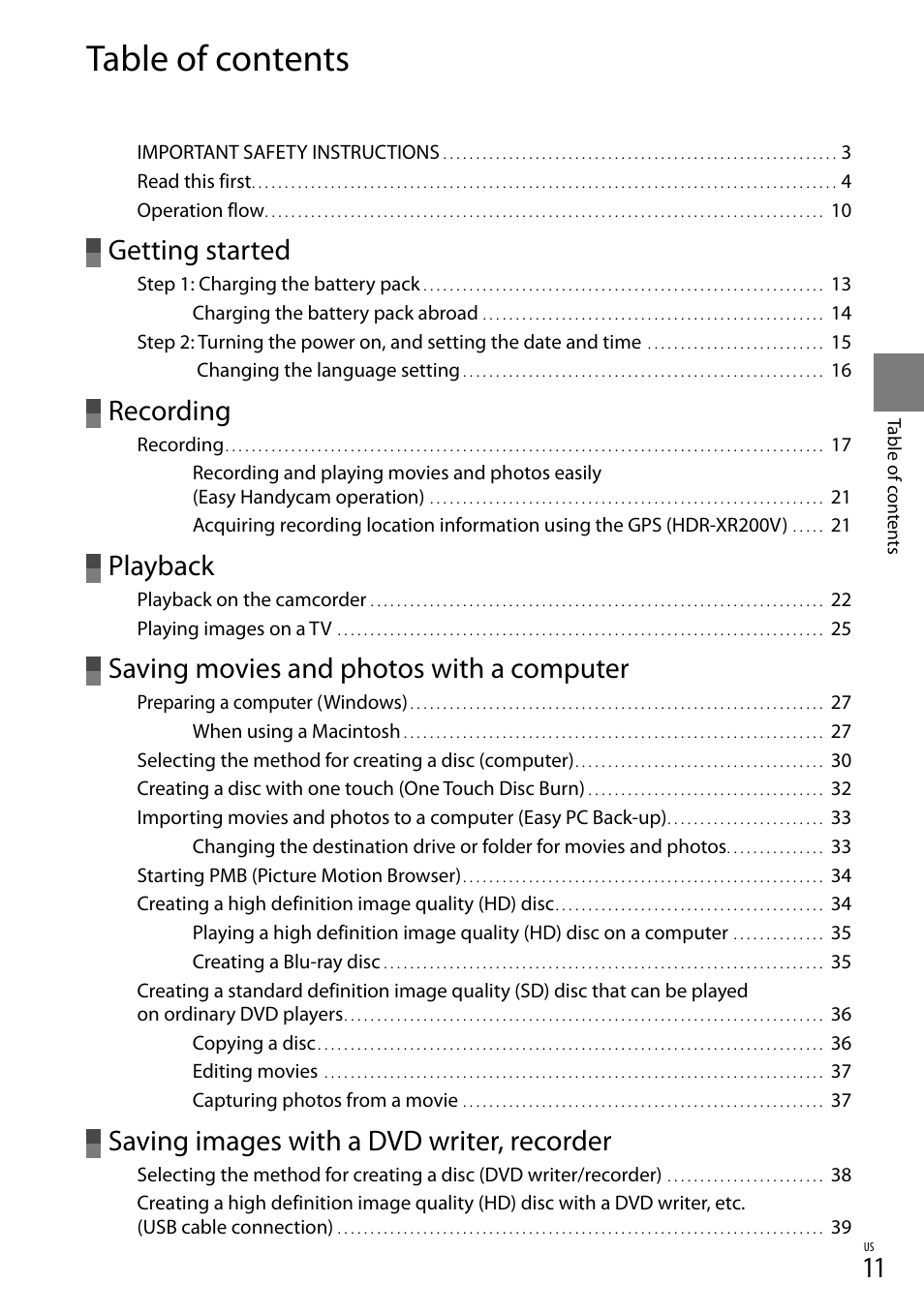 Sony HDR-XR100 User Manual | Page 11 / 130