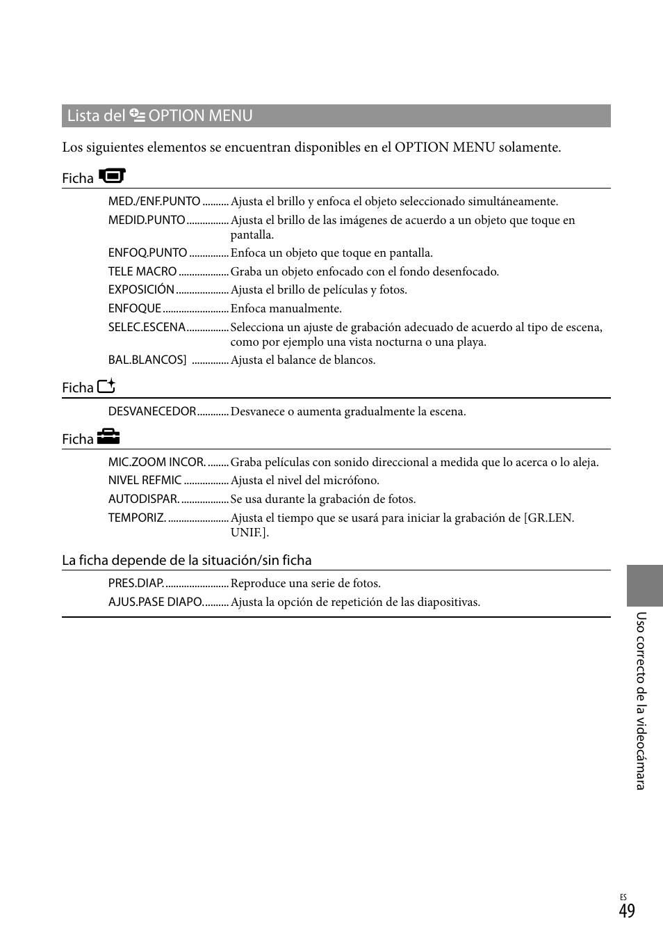 Lista del option menu | Sony HDR-XR100 User Manual | Page 113 / 130