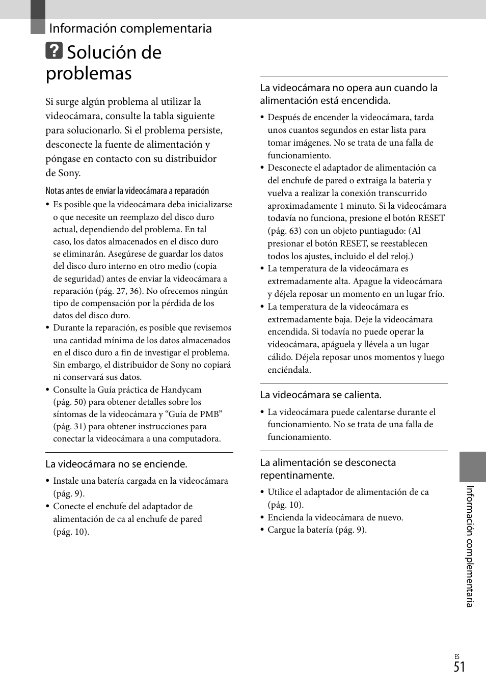 Información complementaria, Solución de problemas | Sony HDR-XR100 User Manual | Page 115 / 130