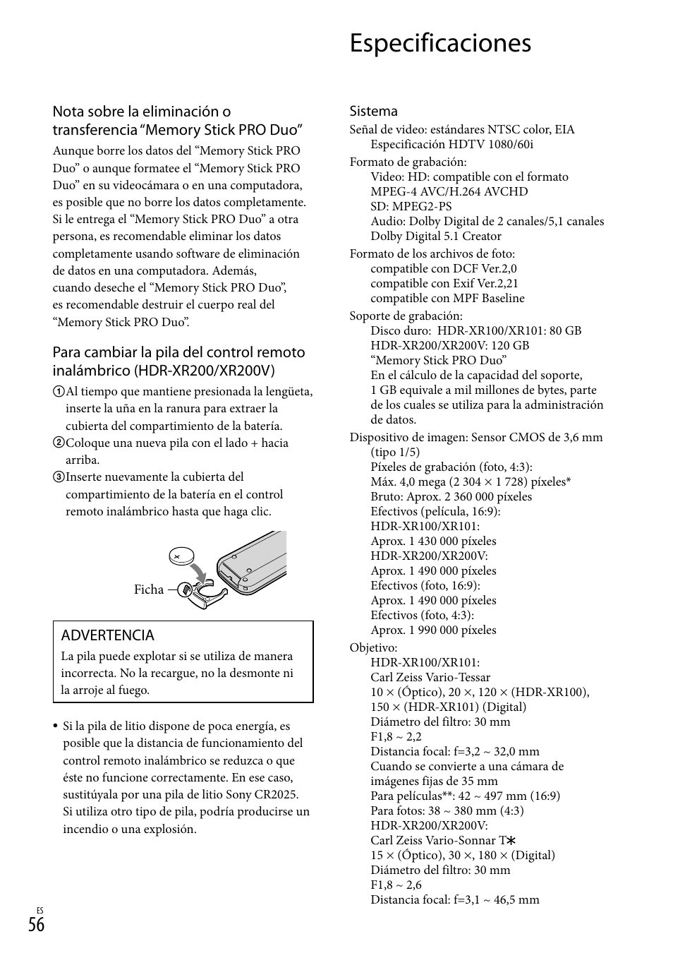 Especificaciones, Advertencia | Sony HDR-XR100 User Manual | Page 120 / 130