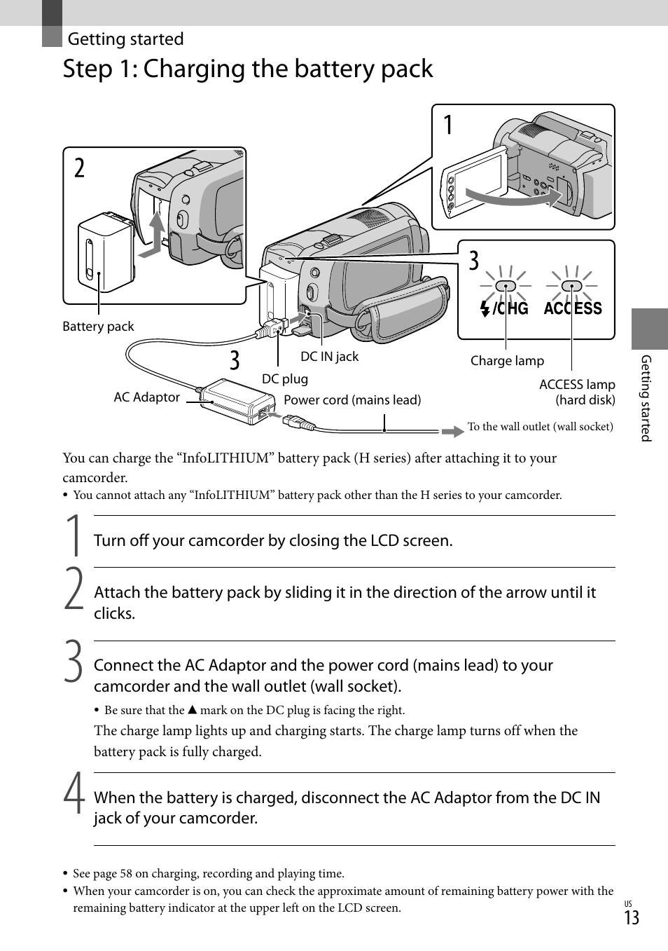Getting started, Step 1: charging the battery pack, 13), t | Sony HDR-XR100 User Manual | Page 13 / 130
