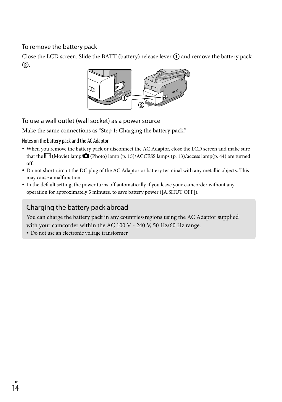 Charging the battery pack abroad | Sony HDR-XR100 User Manual | Page 14 / 130