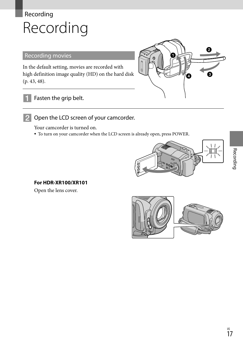 Recording | Sony HDR-XR100 User Manual | Page 17 / 130