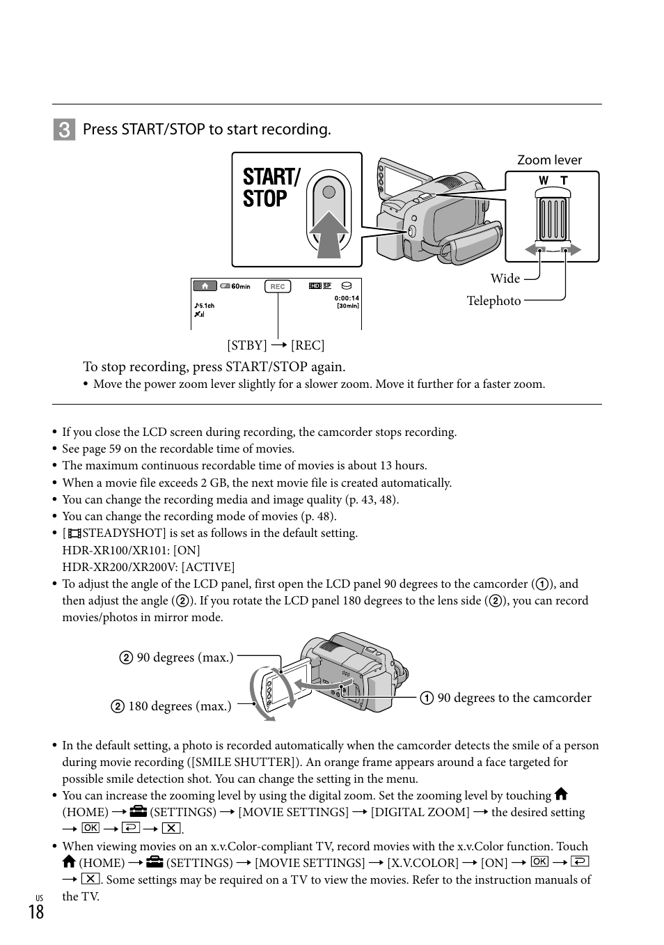 Press start/stop to start recording | Sony HDR-XR100 User Manual | Page 18 / 130