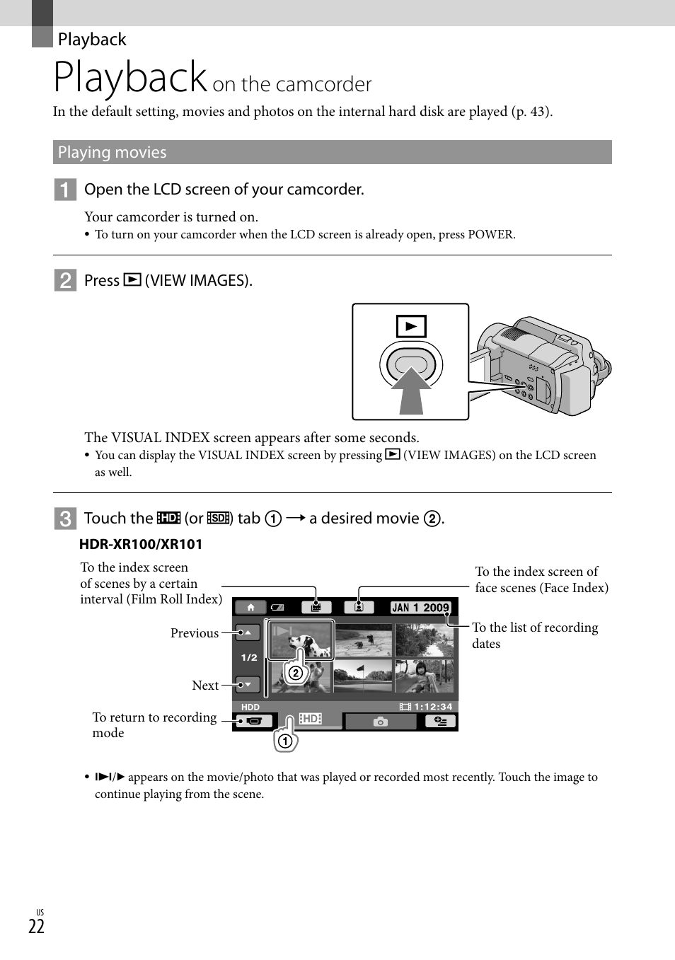 Playback, Playback on the camcorder, On.the.camcorder | Sony HDR-XR100 User Manual | Page 22 / 130