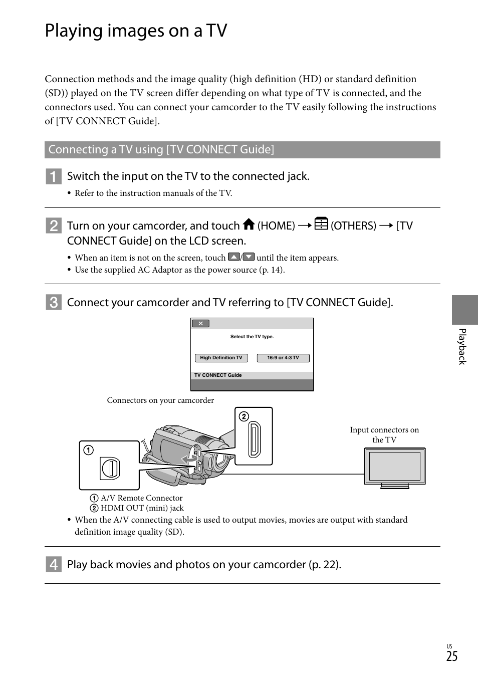 Playing images on a tv, Connecting a tv using [tv connect guide | Sony HDR-XR100 User Manual | Page 25 / 130