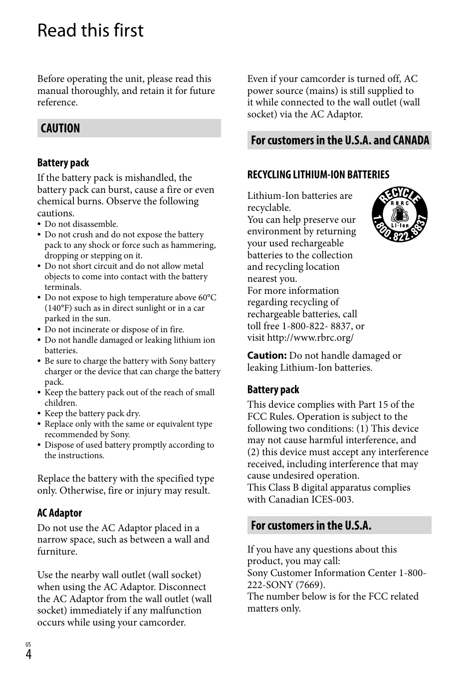 Read this first, Caution, For customers in the u.s.a. and canada | For customers in the u.s.a | Sony HDR-XR100 User Manual | Page 4 / 130