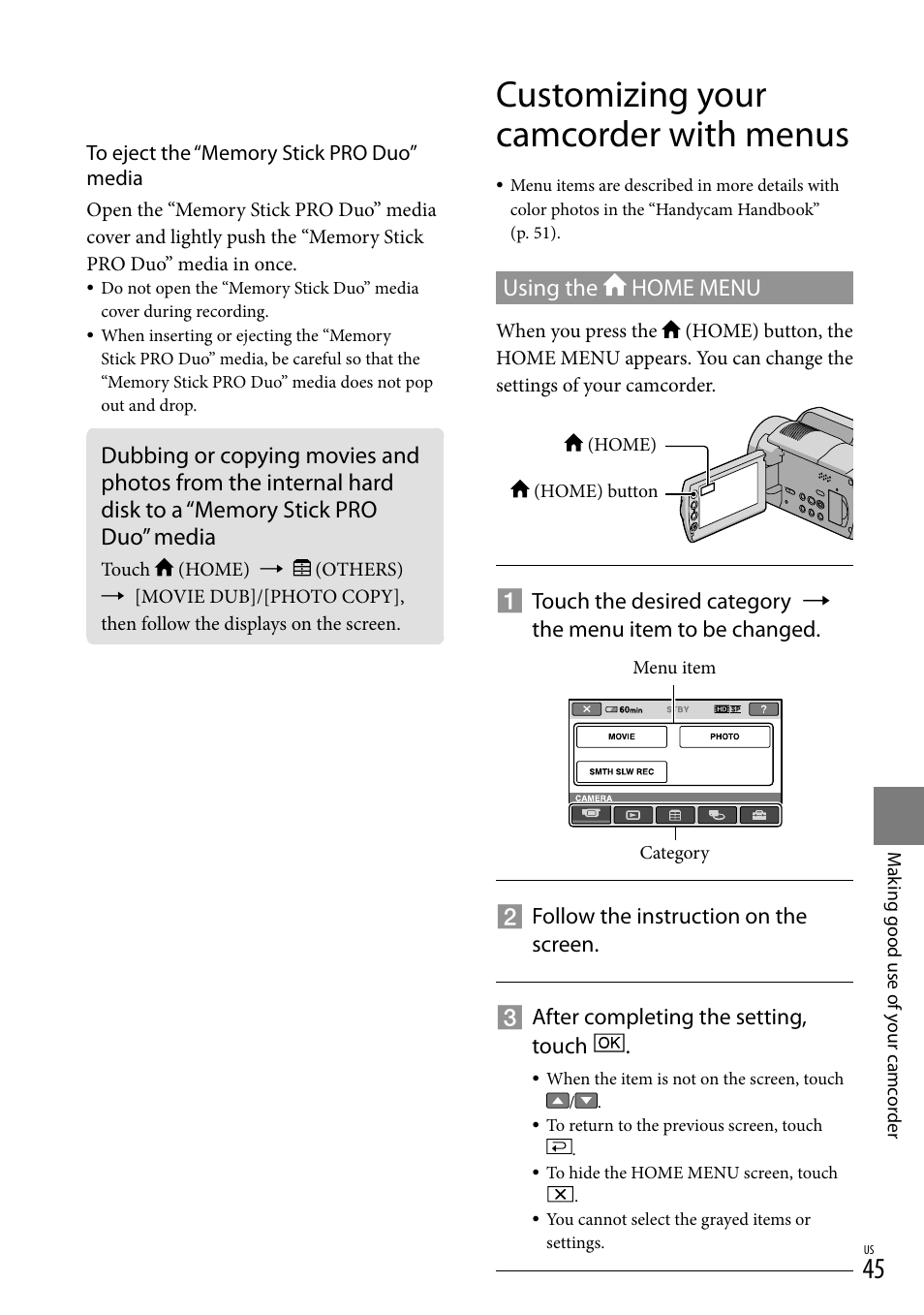 Customizing your camcorder with menus, Memory stick pro duo” media, Using the home menu | Sony HDR-XR100 User Manual | Page 45 / 130
