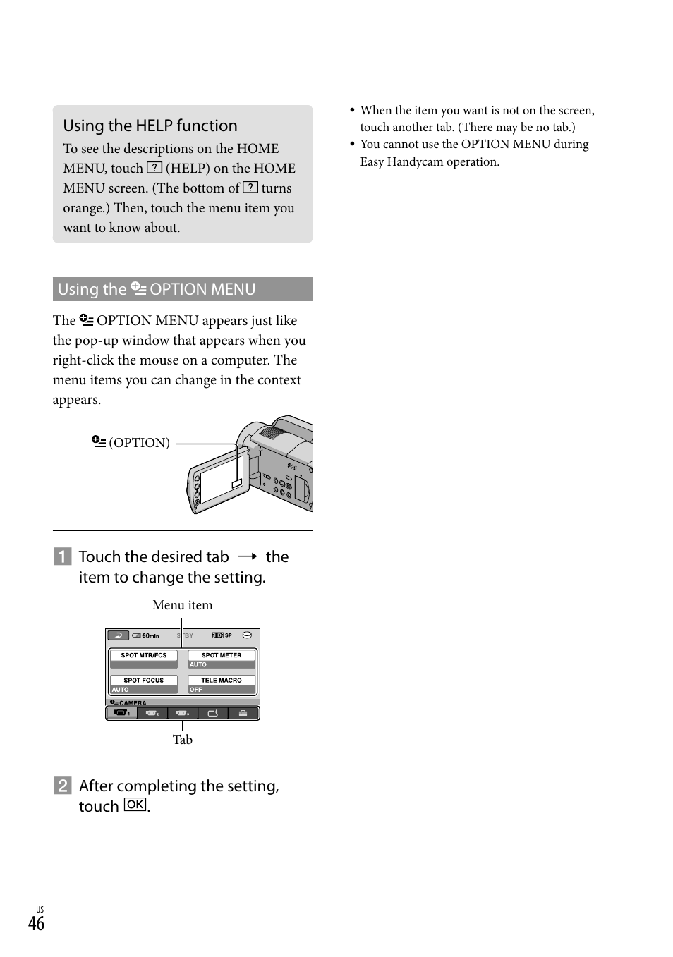 Using the help function, Using the option menu | Sony HDR-XR100 User Manual | Page 46 / 130