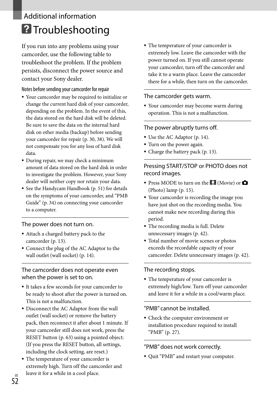 Additional information, Troubleshooting | Sony HDR-XR100 User Manual | Page 52 / 130