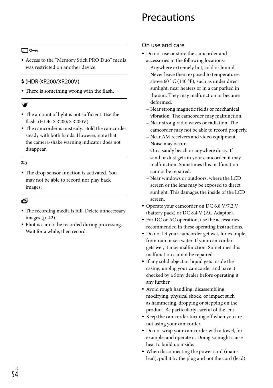 Precautions, On use and care | Sony HDR-XR100 User Manual | Page 54 / 130